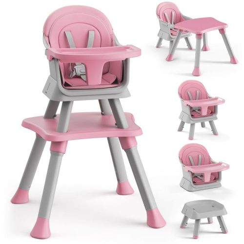 Kinder King 8 in 1 Baby High Chair, Coverts to Dining Booster Seat, Removable Tray & Double Seat Cover, Easy to Wipe, Gray & Pink