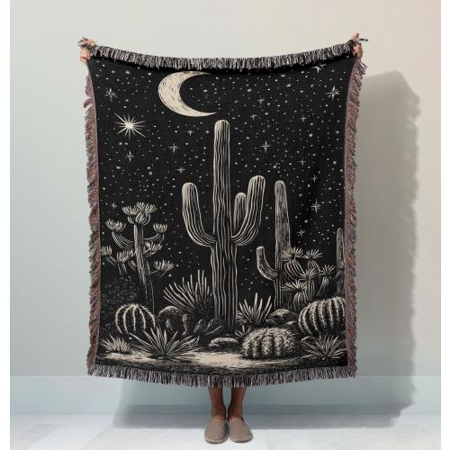 Cactus Woven Blanket – Desert Night Sky Tapestry, Boho Home Decor