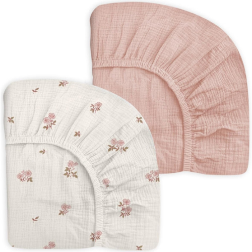 Pack and Play Sheets for Baby Boy and Girl 2 Pack, Neutral Muslin Cotton Pack N Play Mattresses Sheet 27"x39", Muslin Nursery Bedding Soft and Breathable Comfort(Vintage Blossom & Pink)