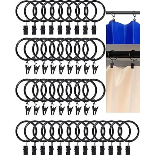 40 Pack Black Curtain Rings, Rustproof Metal Curtain Hooks Curtain Clips with Rings, 1.26" Interior Diameter Curtain Rings with Clips, Ring Clips for Curtains, Hats, Bows, Towels