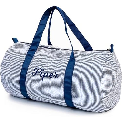 Personalized Kids Overnight Bag Seersucker Duffle Bag Lightweight Weekender Daycare Bag for Toddler Boys Baby Weekend Beach Sleepover Bag New Born Gifts (Blue)