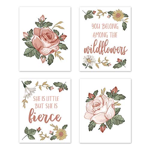 Sweet Jojo Designs Vintage Floral Boho Wall Art Prints Room Decor for Baby, Nursery, and Kids - Set of 4 - Blush Pink, Yellow, Green and White Shabby Chic Rose Flower Farmhouse Wildflower