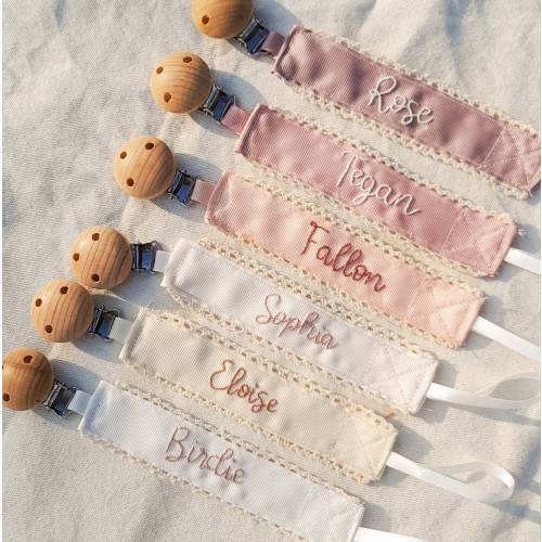 Personalized pacifier clip holder, Personalized fabric pacifier clip with wooden clip,hand embroiered name,baby shower gift