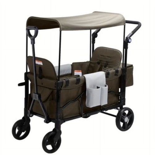 Loewten Wagon Stroller for 2 Kids, 3-in-1 Wagon Stroller with Canopy, Adjustable Handlebars, Removable Seat, Multiple Pockets and Cup Holder for Toddlers Brown