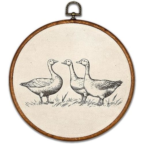 BCUANGD Retro Duck Round Wall Art Decor - Vintage Antique Duck Wall Art Canvas Frame Artwork Prints, Rustic Cottagecore Nature Round Wall Hanging Decorations for Home Farmhouse Kitchen, 10"x10"
