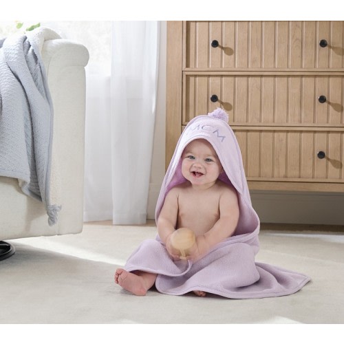 Super Soft Pom Pom Baby Hooded Towel | Pottery Barn Kids: COLORS LAVENDER, NAVY, AND YELLOW