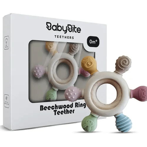 [BabyBite] Baby Teething Toys Silicone and Beechwood Baby Teether Ring for Sensory and Developmental Play for Baby and Toddler 100% BPA Free Food Grade Silicone for 0M+