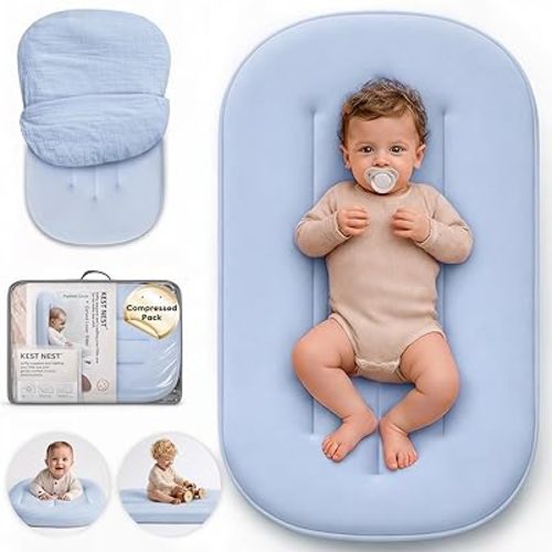 Baby Lounger - Soft Cotton Infant Support Cushion for Newborns, Breathable Portable Baby Nest Lounger & Tummy Time Mat for Home and Travel, GrayBlue (Cotton Cover Included), Compressed Pack