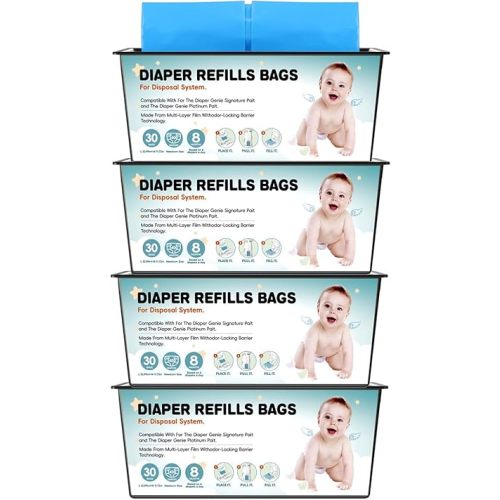 Diaper Pail Refills Bags with 30 Bags Compatible with For Genie Easy Roll Signature and Platinum Diaper Pails, 7-Layer Odor-Barrier Technology, 1 Pack (4 Pack)