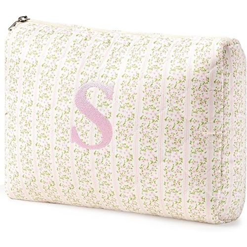 HBselect Initial Quilted Makeup Bag, Pink Cosmetic Travel Toiletry Bag, Flowers Coquette Zipper Make Up Pouch Organizer Teen Girl Gift Trendy Stuff S