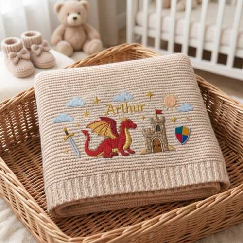 Personalized Dragon Castle Baby Name Blanket, Knit Baby Boy Name Blanket, Welcome Baby Nursery Keepsake, Cute Dragon Baby Shower Gift