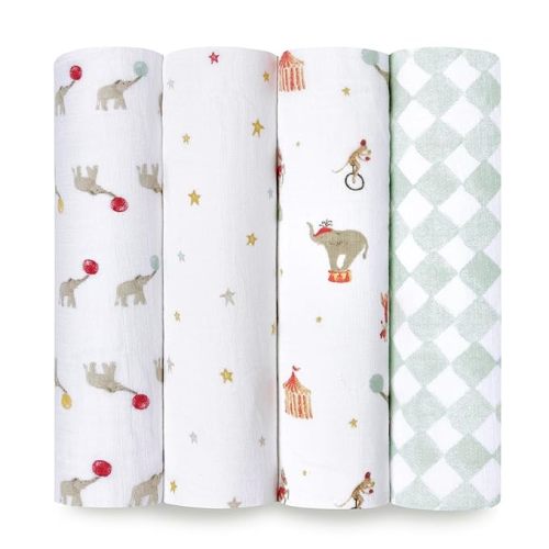 aden + anais Essentials Baby Muslin Swaddle Blankets, 4 Pack, Elephant Circus print