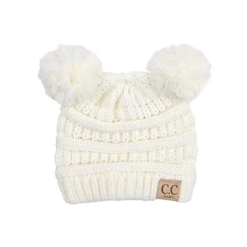 CC Baby Double Pom Cable Knit Yarn Pom Newborn to 9 Months Infant Beanie Ivory - Soft, Warm Hats for Babies and Toddlers - Cozy Winter Wear