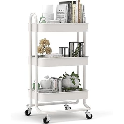 Hapiclody 3 Tier Utility Cart, Metal Rolling Cart with Wheels and Handle, Multi-Function Art cart Organizer Storage Cart for Bathroom, Office, Bedroom, Kitchen, Laundry, Art Room(Cream White)