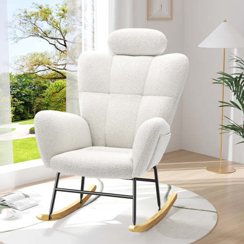 PAPROOS Modern Teddy Fabric Rocking Chair, Accent Rocker Chair with High Backrest, Accent Glider Rocker for Living Room Bedroom Playroom, White