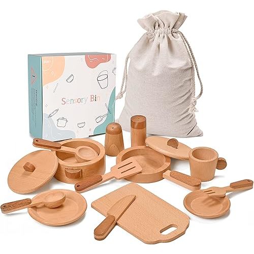 Play Kitchen Accessories Montessori Wooden Toys Kids Kitchen Set Cookware Plates Dishes Pots Pans Cooking Playset 15 Pieces Sensory Toys for Toddlers Girls Boys With Storage Bag