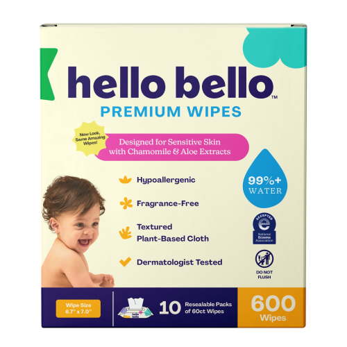 Hello Bello Natural Baby Wipes, 600 Unscented Plant-Based Wipes, 10 Pouch Pack for Sensitive Skin