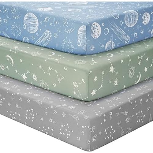 Baby Crib Sheets for Boys Girls, Fitted Crib Sheet Neutral 3 Pack for Standard Crib and Toddler Mattress, Breathable Soft Microfiber Baby Sheet 28x52x8in Green Gray Constellation