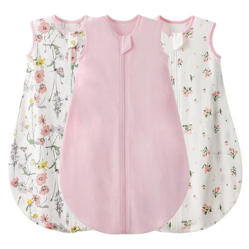 Duomiaomiao 3 Pack Baby Sleep Sack 100% Organic Cotton Lightweight Breathable Comfy Toddler Sleeping Sack (0.5tog Flowers, Medium)