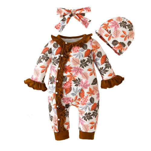 Zwiiyzr Newborn Baby Romper Hat Girl Clothes Infant Floral Button Romper Coming Home Outfits Fall Winter Clothes 0-18 Months Brown