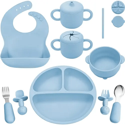 Silicone Baby Feeding Set, Baby Led Weaning Supplies, Eating Essentials Utensils with Suction Plate and Bowl, Pocket Bib, Sippy Cup with Lid, Forks Spoons Snack Container, for 6+ Months, Blue