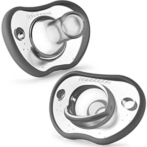 Nanobebe Baby Pacifiers 0-3 Month - Orthodontic, Curves Comfortably with Face Contour, Award Winning for Breastfeeding Babies, 100% Silicone - BPA Free. Perfect Baby Registry Gift 2pk,Grey