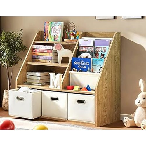 Wooden Book Shelf for Kids Rooms, 3-Tier Montessori Nursery Book Shelves with 3 Toys Storage Boxes & 3 Tier Sling Book Rack, Toddler Bookcase Kids Bookshelf and Toy Storage Organizer (Teak)