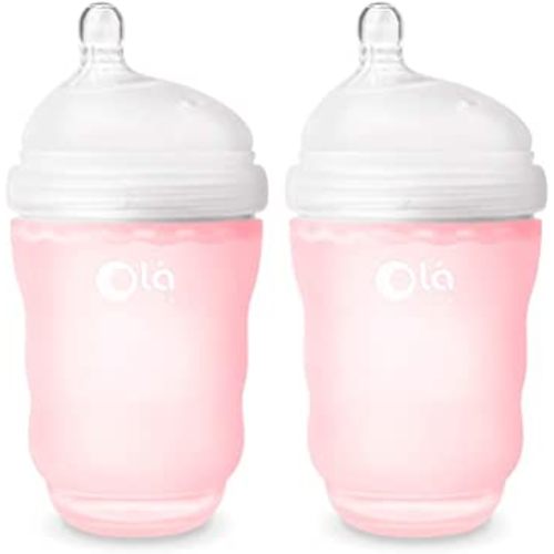 Olababy Gentle Silicone Baby Bottle, Anti-Colic, BPA Free, Easy to Clean and Wide Neck Baby Bottles Best for Breast Feeding Babies 2 Piece Set (8 oz, Rose)