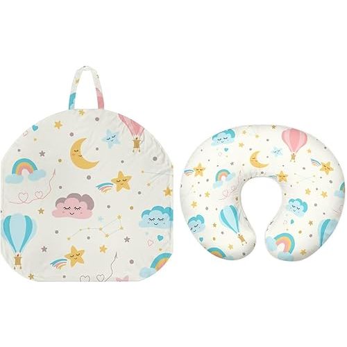 Cartoon Clounds Nursing Pillow & Baby Lounger Cover Set for Newborn, Stars Moon Soft Slipcover for Breastfeeding and Bottle Feeding, Fits Standard Infant Nursing Pillows and Loungers (White)