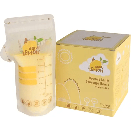 Baby Lemon Breast Milk Storage Bags with Spout - 8 oz, 100 Bags, Extra Thick, Leak Proof, Pre-sterilized, Ready to Use, BPA Free, Easy Write Material