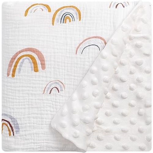Fluffy-backed Swaddle Blankets Baby Double Layer Muslin 100% Cotton Front Nursery Plush Dotted Fleece Back Receiving Bed Quilt Blanket for Unisex Newborn Baby Toddler Boys Girls 30 x 41 Inches