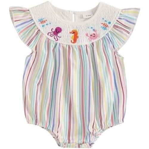 Baby Girl Romper Stripes Smocked Bodysuit Newborn Bubble Romper Infant Summer Festival Clothes