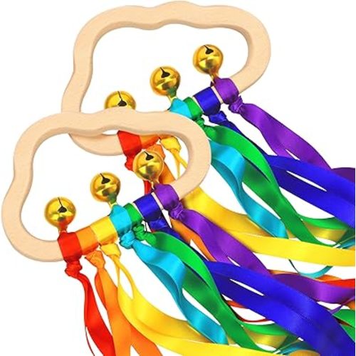 Baby Sensory Wooden Rattle Toys - 2PCS Rainbow Ribbon Rattles Ring Toy for Babies 0-6 Months, Wood Baby Montessori Toys with Bells for 0-12 Months Newborns Infants Toddlers Boy Girl as Shower Gifts