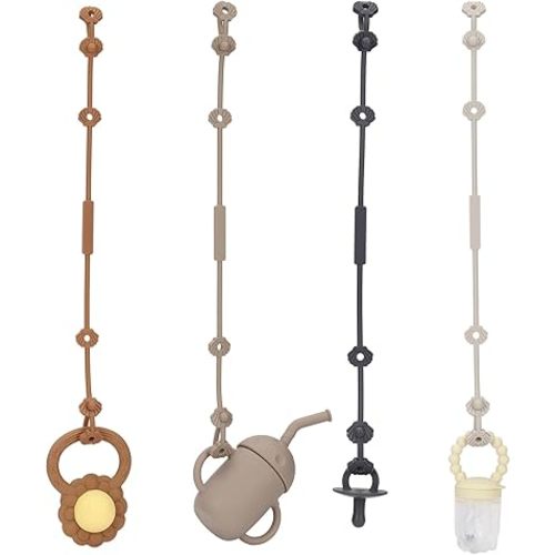 4 Pack Toy Safety Straps for Baby, Silicone Baby Bottle Harness Straps|Sippy Cup Leash|Baby Teether Pacifier Holder Clips for Stroller, High Chair, Crib, Bag(Sand/Light Grey/Dark Grey/Clay)