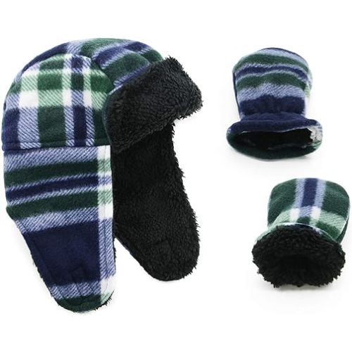 Zando Baby Boy Sherpa Lined Warm Fleece Pilot Hat Infant Toddler Winter Hat Mitten Set