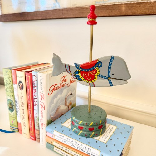 Whimsical Vintage Folk Art Hand Carved & Painted Wood Carousel Whale for Nursery or Boys Room Bookshelf Decor ~ 11.5" Tall