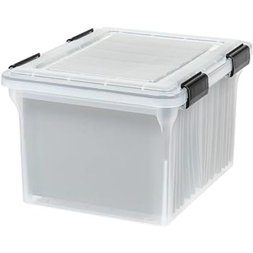 IRIS USA File Box WeatherPro File Organizer Plastic File Box for Letter/Legal File, Durable Lid and Seal w/ Secure Latching Buckles, Stackable and Nestable, Clear 32 Qt. 1Pack