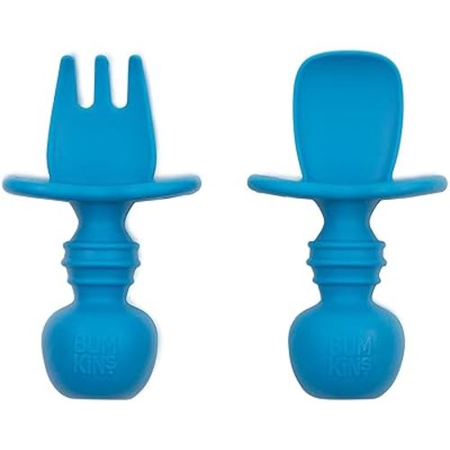 Bumkins Baby Utensils Set, Chewtensils Silicone Spoons for Dipping, Self-Feeding, Baby Led Weaning, Trainer Learning, First Stage Eating, Soft Practice Fork and Spoon, Babies 6 Months, Dark Blue