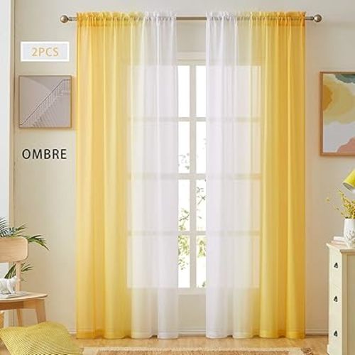 Ombre Faux Linen Sheer Curtains for Bedroom Living Room Rod Pocket, Privacy and Light Filtering, 2 Tone Reversible Gradient Voile Semi Window Curtains, Set of 2 Panels, Yellow, 54 x 84 Inch Length