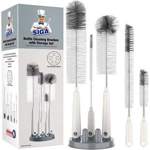 MR.SIGA 5 Pack Bottle Brush Cleaning Set with Storage Holder, Cleaning Brushes for Long Narrow Neck Bottles, Water Bottles, Baby Bottles, Tumblers, Drinking Glasses, Strews