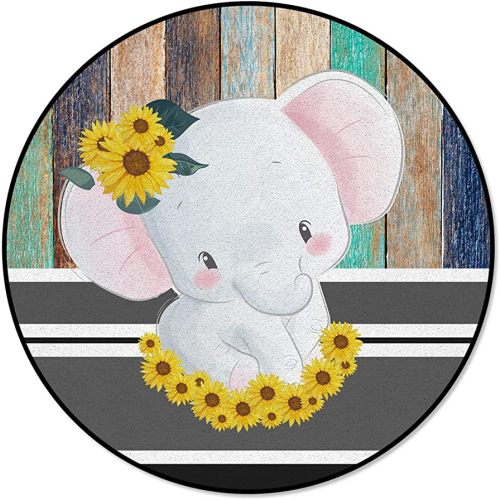Cartoon Elephant Area Rugs, Non Slip Carpet with Rubber Backing, Circular Floor Rug for Living Room Bedroom Dormitory Nursery Decor Diameter 4ft, Baby Elephant with Sunflower Headdress