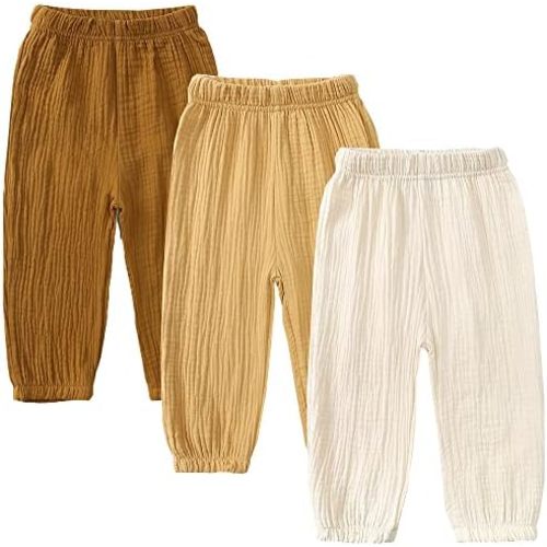 GFQLONG 3 Pack Toddler Boy Girl Casual Basic Plain Soft Pant Baby Summer Fall Comfy Cotton Linen Bloomers Pants