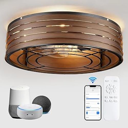 20'' Flush-Mount Smart Ceiling Fan with Dimmable-Light and Memory Remote APP/Alexa Control, Reversible-Motor, Perfect for Bedroom, Kitchen, Low-Profile Black Walnut Design Cage