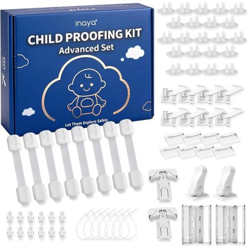 Inaya Baby Proofing Kit Advanced Set 50 Pack - Child Safety Hidden Locks for Cabinets & Drawers, Adjustable Safety Latches, Door Lever Locks and Outlet Covers and more - Keep Your Child Safe at Home