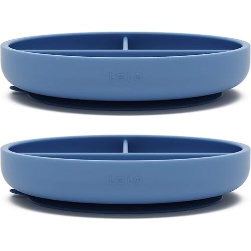 Lalo Suction Plates - 2 Pack, 100% Silicone Non-Toxic BPA-Free Baby Plates with Suction Base To Prevent Accidental Tip-Overs - Suction Plates for Toddlers With Three Divided Sections - Blueberry
