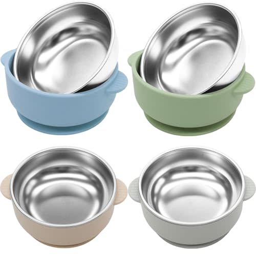JVEOO 4 Pack Stainless Steel Baby Bowls with Suction, 2-in-1 SUS304 Toddlers Bowl & Removable Silicone Suction Kids Bowl Anti Scald Non Toxic Snack Container for Baby Food Feeding