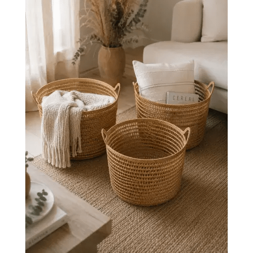 Handmade Rattan Storage Basket with Handles, Woven Laundry Basket, Bali Boho Decor