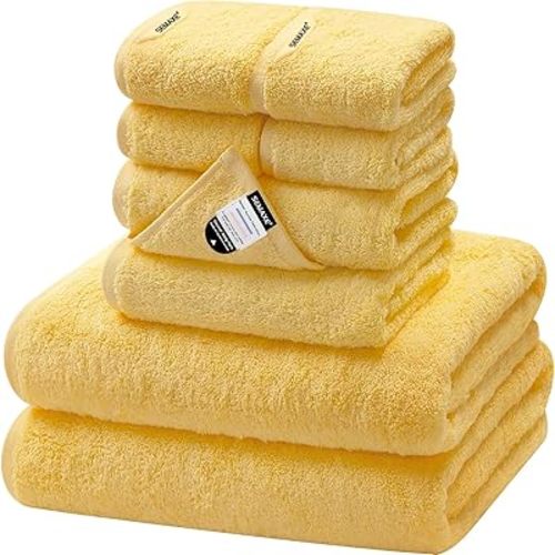 SEMAXE Bath Towel Set, 100% Cotton Absorbent Bathroom Towels with Hanging Loops and Nano-Bio Lifecycle Labels, Yellow 8 Piece Towel Set Include 2 Bath Towels, 2 Hand Towels, 4 Washcloths
