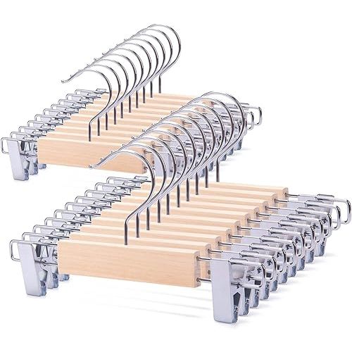 Nature Smile 20 Pack 10.2 Inches Unfinished/Natural Kids Baby Toddler Infant Children Solid Wooden Pants Skirts Hangers Wood Trousers Bottom Hangers with 2-Adjustable Clips 360° Stronger Swivel Hook