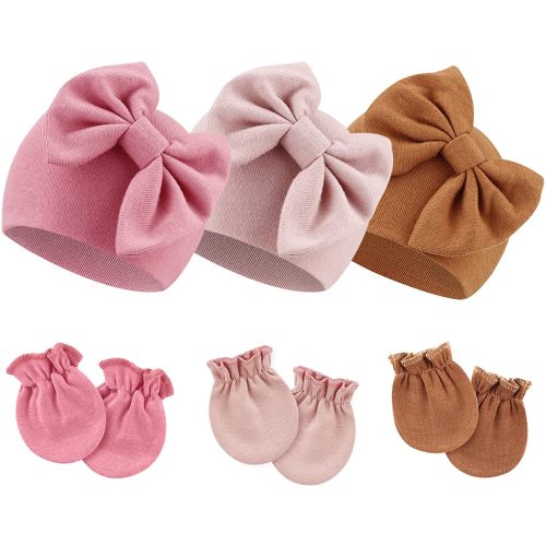 BQUBO Newborn Baby Hats Mittens Set Hospital Hat Beanie Infant Bow Hats Baby Cotton Gloves No Scratch Mittens for 0-6 Months